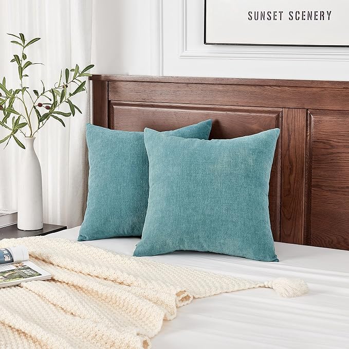 GAWAMAY Decorative Square Throw Pillow Covers 20"x20" Inch Set of 2, Super Soft Chenille Pillows Farmhouse Fall Pillowcase for Living Room Bedroom Sofa Couch Cushion Cover Smoke Blue 50x50cm