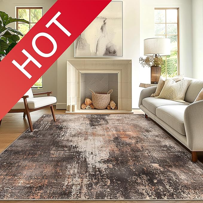 GENIMO Washable Area Rugs for Living Room Bedroom, 10x14 Modern Abstract Non Slip Rug, Low Pile Soft Contemporary Indoor Floor Carpet Cover for Dining Room Kitchen, Brown