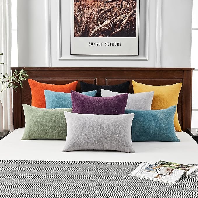 GAWAMAY Lumbar Pillow Cover Decorative Rectangle Throw Pillow Covers 12"x20" Inch Set of 2, Super Soft Chenille Pillowcase for Living Room Bedroom Sofa Couch Cushion Cover Black 30x50cm (No Insert)