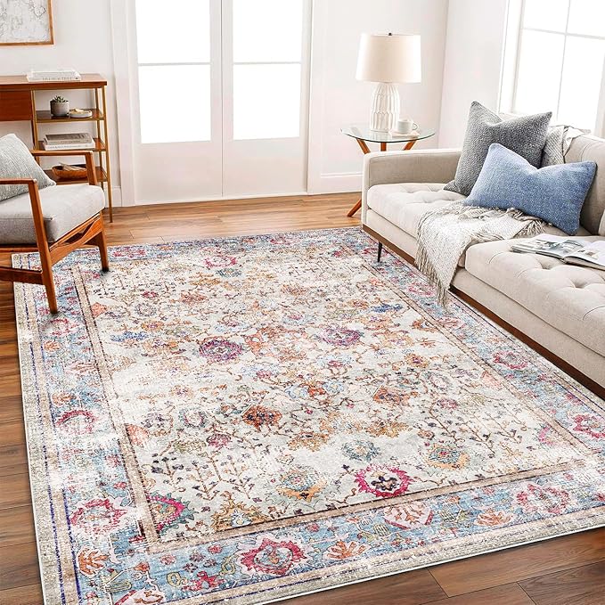 Washable Area Rug 8'x10' Vintage Traditional Mat Distressed Indoor Foldable Accent Thin Rug Retro Floral Non Slip Carpet Living Room Dining Room Office