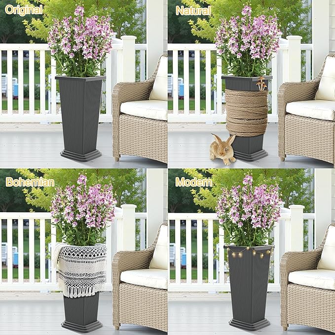 24-Inch Tall Planters Set of 2 for Outdoor and Indoor Use,Tapered Flower Pots with Drainage Tray, Front Porch and Patio Decor,Ideal for Large Plants (Stripes-Grey)