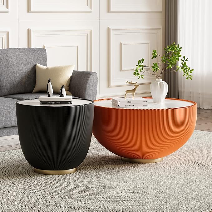 Round Coffee Table Set of 2, 2 Piece Luxury Cup Shape Leather End Tables Living Room Sets, Modern Circle Bedroom Side Tables Set of 2 with PU Leather Sofa Sets for Living Room Bedroom