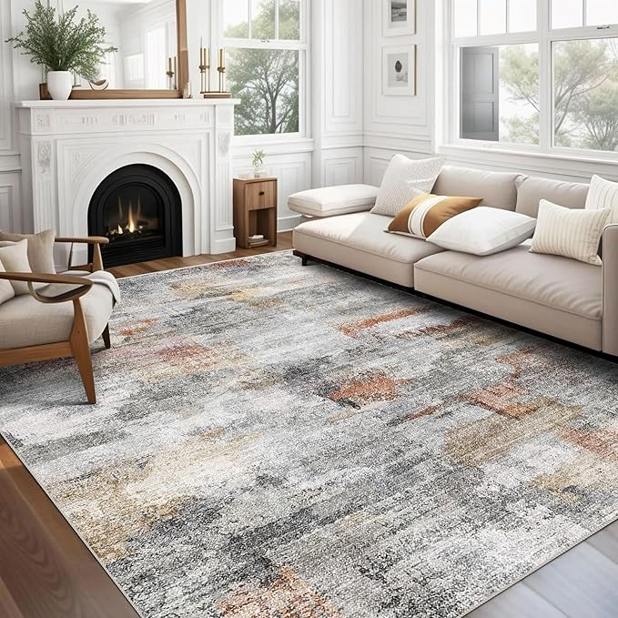 vivorug 5x7 Area Rugs - Ultra-Thin Washable Rug with Non-Slip Backing, Ideal for Living Room, Bedroom, Kitchen Floor Carpet - Modern Abstract, Easy Clean, Durable, Low Pile Gray/Rust
