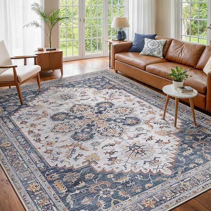 GENIMO 8X10 Area Rugs for Living Room, Machine Washable Vintage Floor Cover Foldable Modern Non Slip Rug, Low Pile Soft Indoor Carpet Floral Print Mat Rug,Bedroom/Dining Room/Home Office,Navy Blue