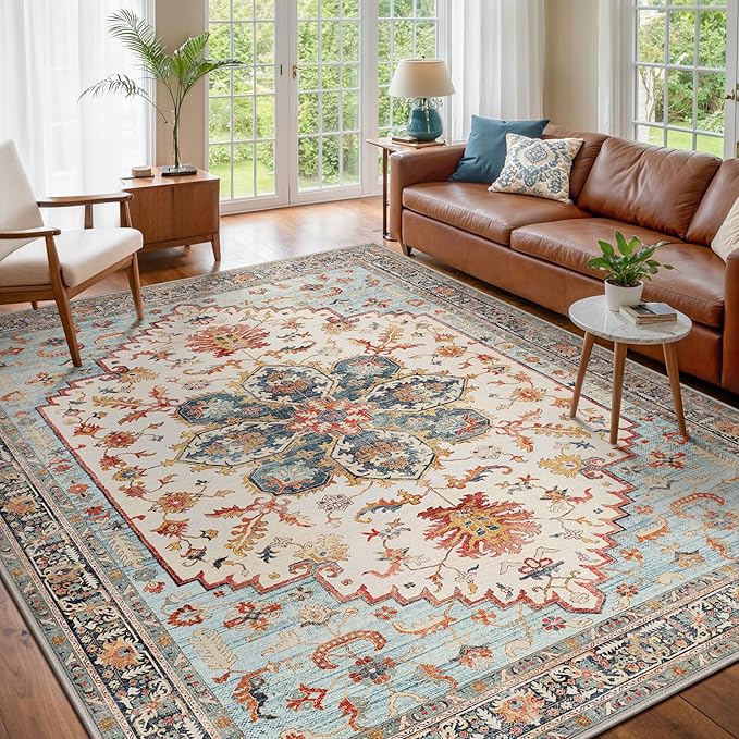 GENIMO 8X10 Area Rugs for Living Room, Machine Washable Vintage Floor Cover Foldable Modern Non Slip Rug, Low Pile Soft Indoor Carpet Floral Print Mat Rug,Bedroom/Dining Room/Home Office,Sky Blue