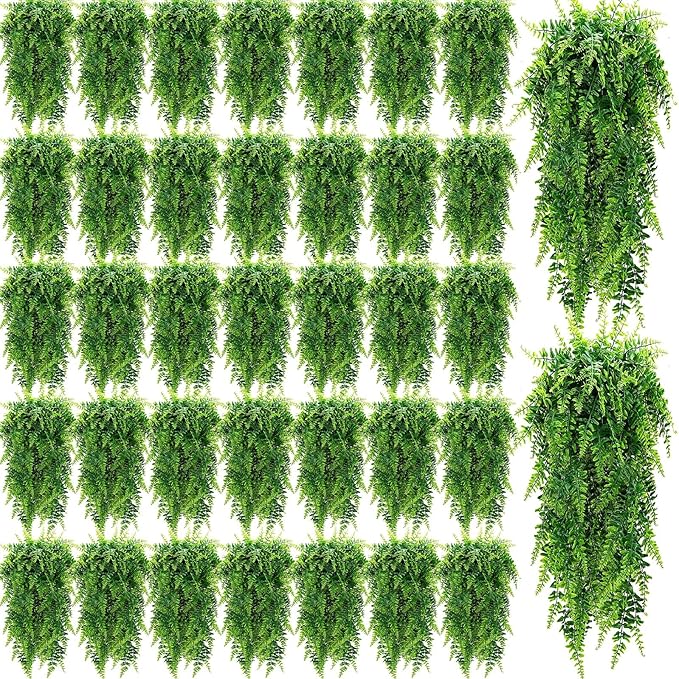 Geosar 104 Pcs Artificial Hanging Plants 32 Inch Hanging Boston Ferns Plastic Fake Plants for Wall Room Garden Wedding Garland Indoor Outdoor Decoration, No Basket