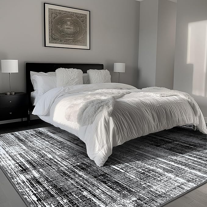 GENIMO 8x10 Washable Area Rug – Modern Abstract Non-Slip Low Pile Contemporary Indoor Floor Carpet for Living Room, Bedroom, Dining Room, Kitchen, Office, Black