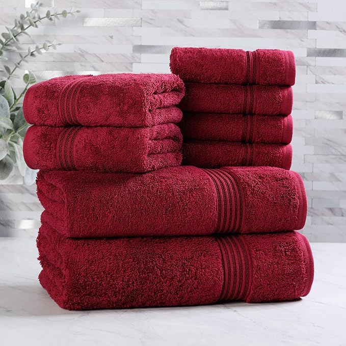 Superior Egyptian Cotton 8-Piece Towel Set, Assorted Towels for Home Bathroom, Guest Bath Decor Essentials, Includes 2 Bath, 4 Hand, 2 Face Towels/Washcloths, Quick Dry, Absorbent, Burgundy