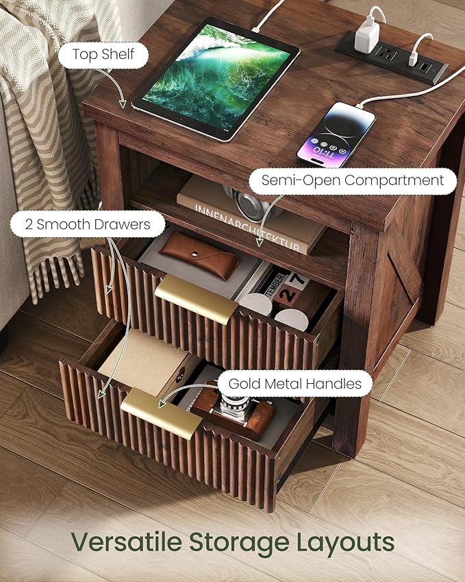 Fluted Nightstand, End Table with Charging Station and 2 Drawers, Farmhouse Nightstands with Fluted Panel, Engineered Wood Side Table for Bedroom Walnut MBZ06UHT