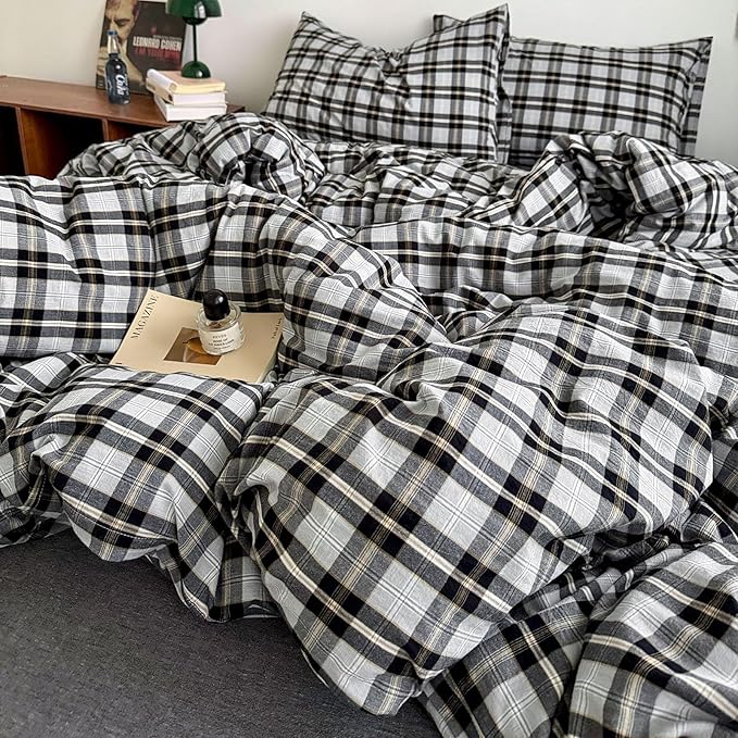 VM VOUGEMARKET Buffalo Gingham Duvet Cover Set Queen,3 Pieces Washed Cotton Bedding Set,Breathable Luxury Plaid Comforter Cover with Zipper Closure for Boys Men(Black&Grey)