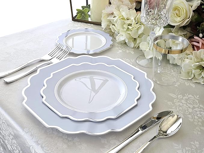 " OCCASIONS " 50 Plates Pack (25 Guests)-Heavyweight Wedding Party Disposable Plastic Plate Set -(25x10.5'' Dinner + 25x8'' Salad/dessert (Imperial in White/Blue & Silver)