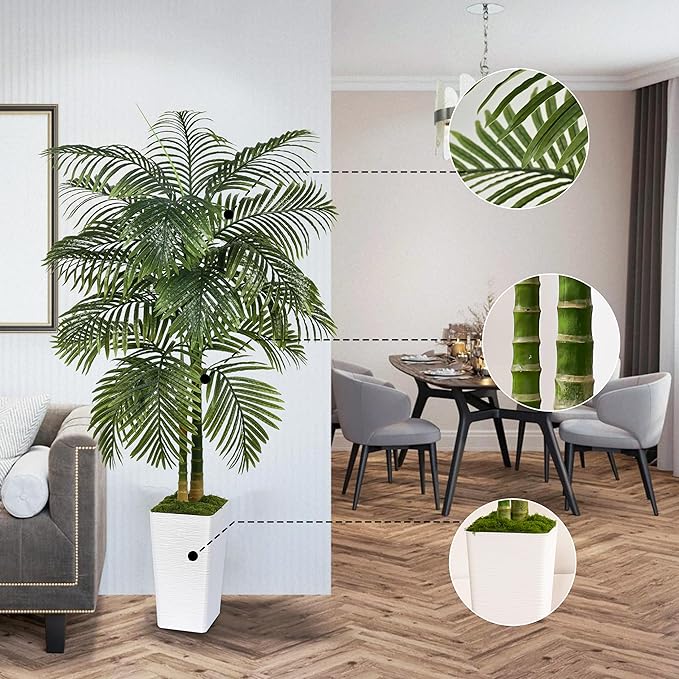 Artificial Palm Tree Indoor Plant Tall Fake Tropical Palm Tree in Pot with Real Bark Design Faux Areca Palm Tree for Home Office Living Room Bedroom Farmhouse Modern Outdoor Decor (13 Leaves 5 FT)