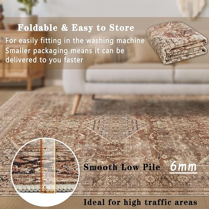 vivorug 5x7 Area Rugs - Ultra-Thin Washable Rug with Non-Slip Backing, Ideal for Living Room, Bedroom, Kitchen Floor Carpet - Vintage, Easy Clean, Durable, Earth Tone