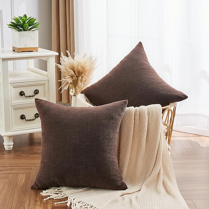 GAWAMAY Decorative Chenille Throw Pillow Covers 26x26 Inch Pack of 2, Soft Square Couch Pillow Cover for Sofa Cushion Living Room Bedroom Solid Dyed Oversized Pillowcases Coffee 66x66cm (ONLY Covers)