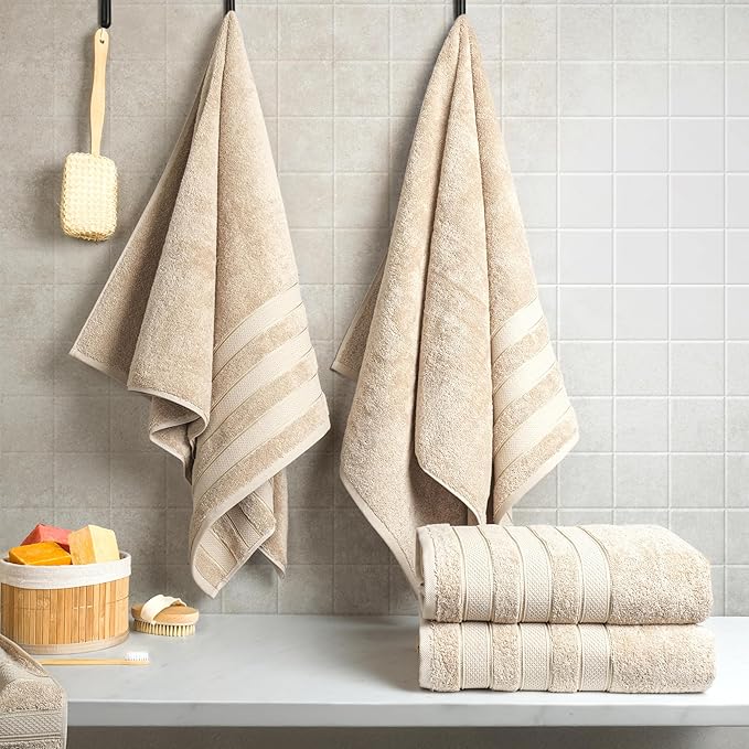 American Soft Linen Salem 100% Cotton Turkish 4 Piece Bath Towels for Bathroom, 600 GSM Soft Absorbent Quick Dry Bath Towel Set, Beige