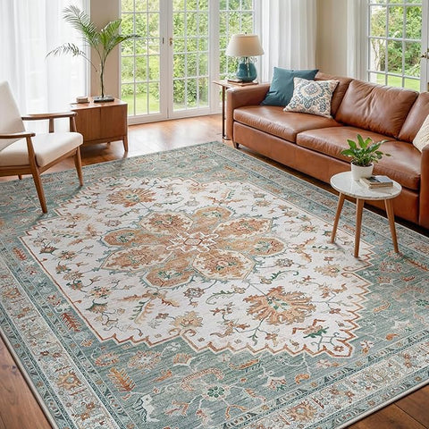 GENIMO 8X10 Area Rugs for Living Room, Machine Washable Vintage Floor Cover Foldable Modern Non Slip Rug, Low Pile Soft Indoor Carpet Floral Print Mat Rug,Bedroom/Dining Room/Home Office,Mint Green
