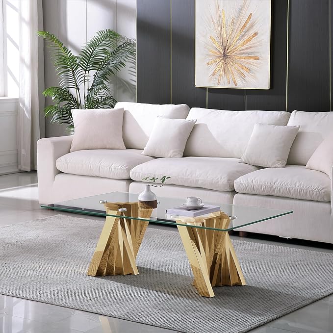 Glass 3 Piece Living Room Table Sets,3-Piece Table Set Includes 1 Glass Coffee Table and 2 End Tables with Stainless Steel Frame,Modern Coffee Table Set of 3 for Living Room (Gold)