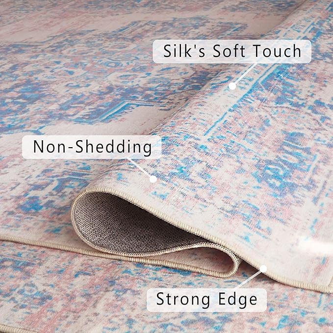 vivorug 6x9 Area Rugs, Ultra-Soft Washable Rug for Living Room Dinner Room Bedroom, Non-Slip Vintage Rug, Indoor Carpet Large Area Rug, Pink