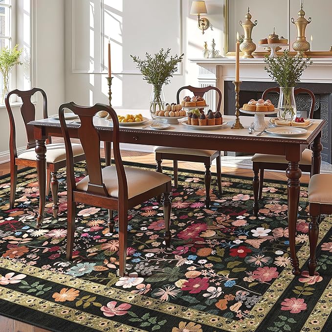 Deerly Floral Area Rug 6x9 for Living Room Vintage Large Washable Non-Slip Bedroom Carpet Soft Low Pile Thin Floor Mat Indoor for Dining Room Playroom Nursery Farmhouse, Black/Multi