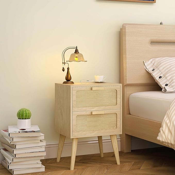Rattan Nightstand,Boho Bedside with Storage,End Table,Side Table with 2 Hand Made Rattan Decorated Drawers for Small Space,Livingroom,Bedroom,Natural 11.8" D x 16" W x 22.4" H CTG59Y
