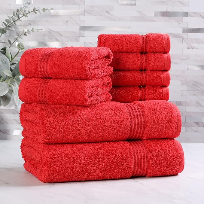Superior Egyptian Cotton 8-Piece Towel Set, Assorted Towels for Home Bathroom, Master, Guest Bath, Decor Essentials, Includes 2 Bath, 2 Hand, 4 Face Towels/Washcloths, Quick Dry, Absorbent, Red