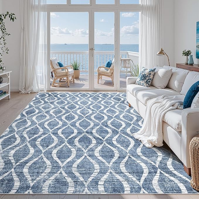 Witshock 8x10 Area Rugs for Bedroom: Washable Non-Slip Large Thin Indoor Rug for Living Room Dining Room, Soft Geometric Low Pile Boho Print Carpet for Nursery Playroom Decor, Kid & Pet Friendly, Blue
