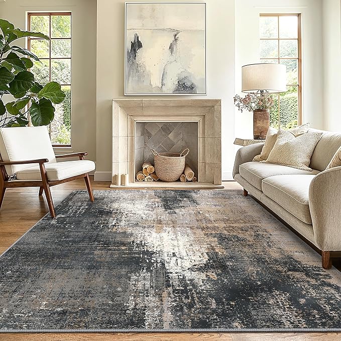 GENIMO Washable Area Rugs for Living Room Bedroom, 8x10 Modern Abstract Non Slip Rug, Low Pile Soft Contemporary Indoor Floor Carpet Cover for Dinning Room Kitchen, Black