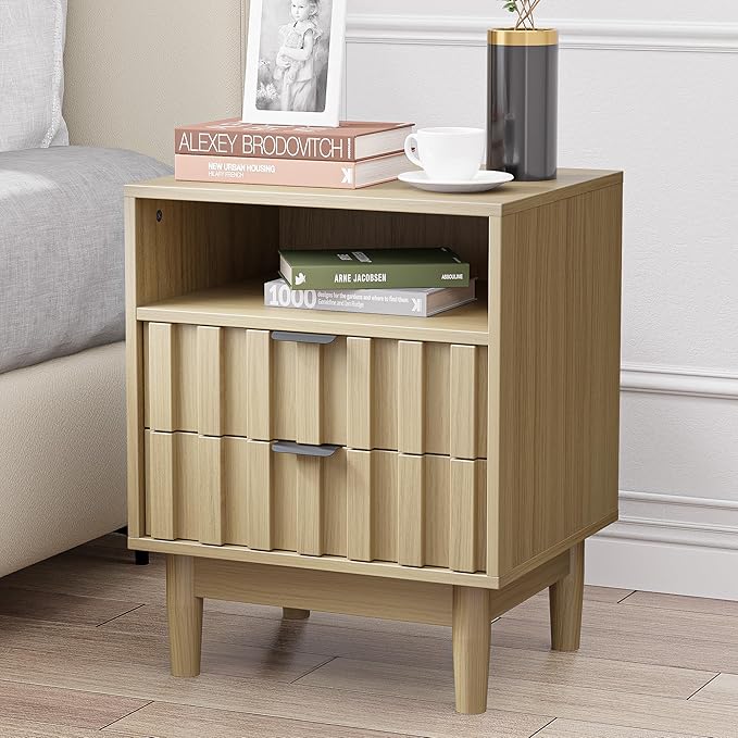 Fluted Nightstand with 2 Drawers, 19" Wide Night Stand with Solid Wood Legs, Open Storage Shelf, Mid Century Modern Wooden Bedside Table for Bedroom, Bed End Side Table, Oak