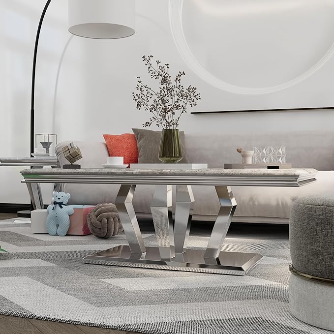 ACEDÉCOR Coffee Table, Silver Coffee Table with Four Geometric Mirror Bases, Rectangular CoffeeTable with Sturdy Metal Frame,48 inches Modern Coffee Table for Living Room, Office, Reception Room