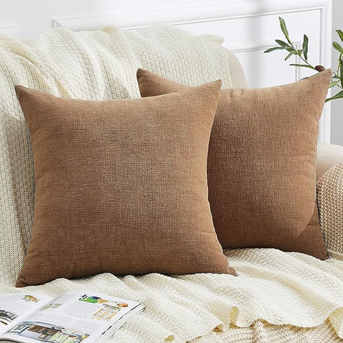 GAWAMAY Decorative Square 16x16 Inch Throw Pillow Covers Set of 2, Super Soft Chenille Pillows Farmhouse Fall Pillowcase for Living Room Bedroom Sofa Couch Cushion Cover Brown 40x40cm (No Inserts)