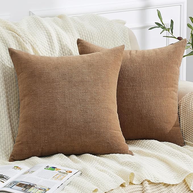 GAWAMAY Decorative Chenille Throw Pillow Covers 26x26 Inch Pack of 2, Soft Square Couch Pillow Cover for Sofa Cushion Living Room Bedroom Solid Dyed Oversized Pillowcases Brown 66x66cm (ONLY Covers)