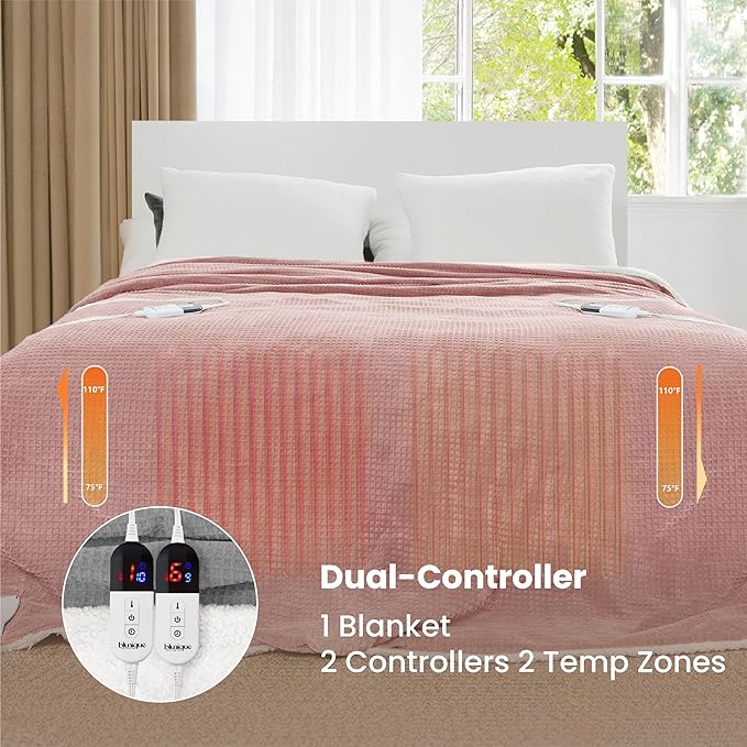 Heated Blanket Electric Blanket Queen Waffle, 84x90 Inches Dual Controllers Sherpa Fleece Fast Heating Blanket 6 Heating Levels & 10 Hours Auto Off ETL Certification, Pink Queen