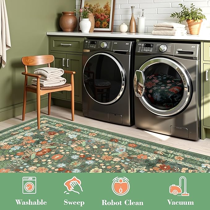 Deerly Green Boho Floral Rug 6x9 Vintage Boho Washable Non-Slip Living Room Carpet Soft Low Pile Thin Bedroom Floor Mat Indoor for Dining Room Playroom Nursery Farmhouse, Green/Multi