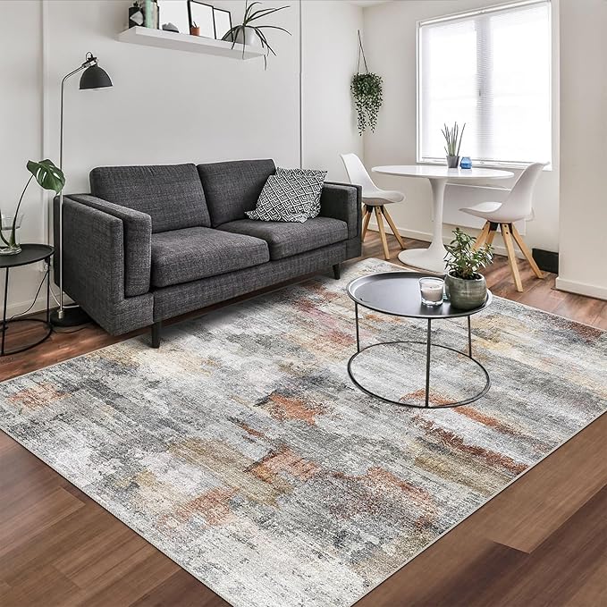 vivorug Washable Rug, Ultra Soft Area Rug 8x10, Non Slip Abstract Rug Carpet, Stain Resistant Rugs for Living Room Bedroom, Modern Fluffy Rug (Gray/Rust, 8'x10')