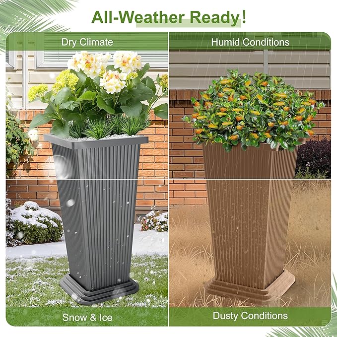 24-Inch Tall Planters Set of 2 for Outdoor and Indoor Use,Tapered Flower Pots with Drainage Tray, Front Porch and Patio Decor,Ideal for Large Plants (Stripes-Grey)