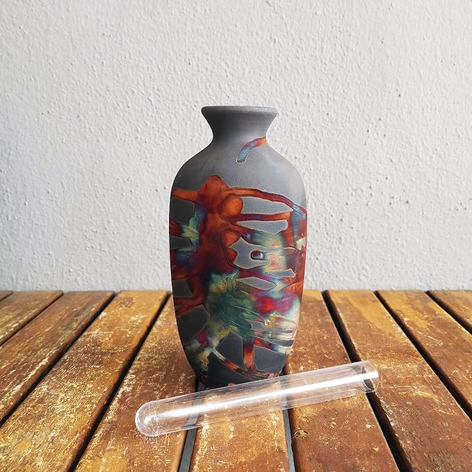 RAAQUU Koban 7 inch Raku Ceramic Clay Pottery Vase - Smoked Raku Raku Pottery with Water Tube Gifts for her mom, Boho, Wedding Gift, Home Decor