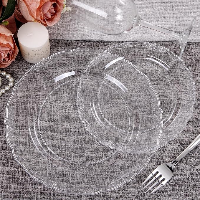 U-QE 60PCS Clear Plastic Plates for Party - Clear Plates Disposable Heavy Duty for Party & Wedding