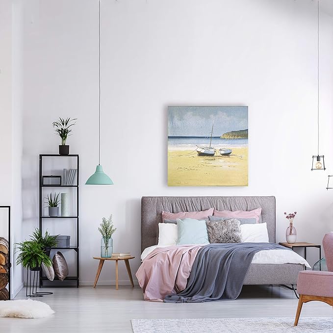 Moorings Low Tide | Woven Tapestry Wall Art Hanging | Vintage Beached Boats on Serene Coast | 100% Cotton USA Size 35x35