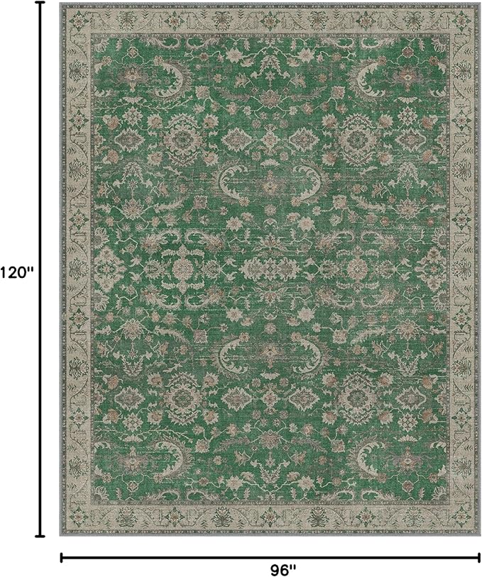 GENIMO Washable Area Rugs for Living Room Bedroom, 8x10 Boho Vintage Non Slip Rug, Low Pile Soft Floral Indoor Floor Carpet Cover for Dining Room Kitchen, Khaki Green