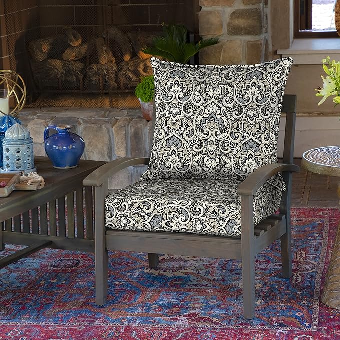 Arden Outdoor Deep Seat Cushion Set, 24 in x 24 in, Weather-Proof, Rain-Proof, Fade Resistant Patio Cushion for Chair, Sofa, and Couch Black Aurora Damask