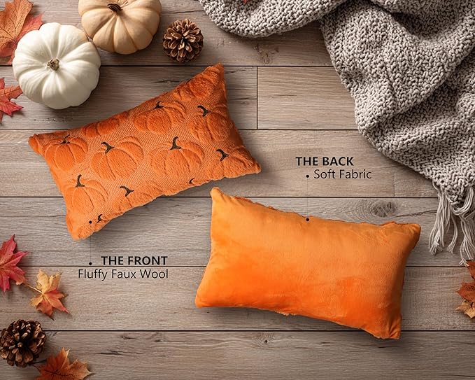 4TH Emotion Fall Pumpkins Decorative Lumbar Pillow Covers 12x20 Set of 2, Orange Soft Plush Faux Fur Wool Farmhouse Throw Cushion Cases for Autumn Thanksgiving Holiday Home Decorations