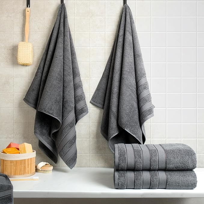 American Soft Linen Salem 100% Cotton Turkish 4 Piece Bath Towels for Bathroom, 600 GSM Soft Absorbent Quick Dry Bath Towel Set, Dark Gray