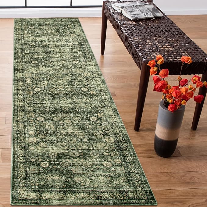 Morebes Vintage Kitchen Runner Rugs Non Skid Washable, Floral Boho 2x8 Runner Rug, Non Shedding Runner Rugs for Hallway Indoor Floor Carpet Runner for Laundry Room Bedroom, Grayish Green