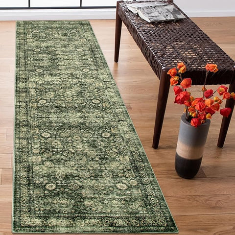 Morebes Vintage Kitchen Runner Rugs Non Skid Washable, Floral Boho 2x8 Runner Rug, Non Shedding Runner Rugs for Hallway Indoor Floor Carpet Runner for Laundry Room Bedroom, Grayish Green