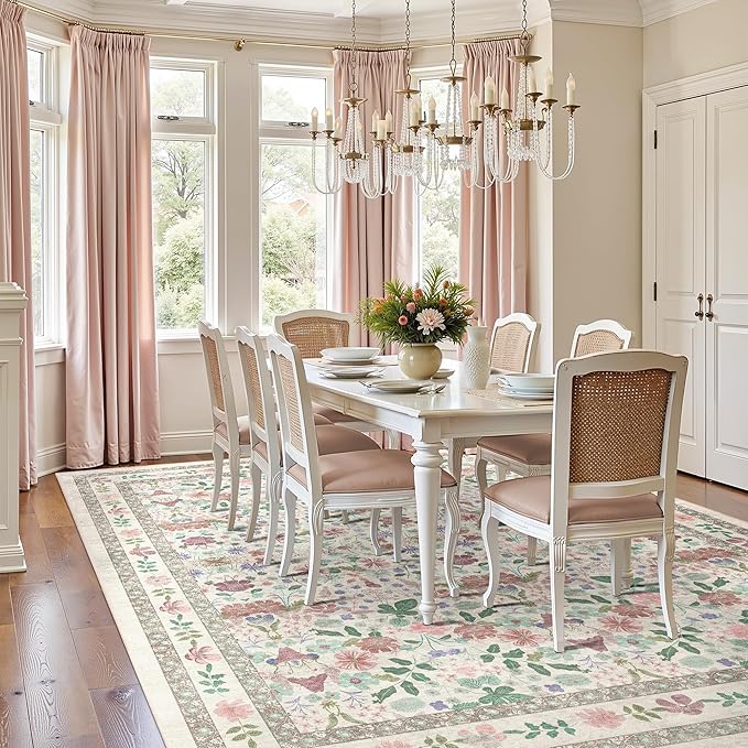 Deerly Floral Washable Rugs 8x10 Large Vintage Living Room Carpet Boho Non-Slip Soft Low Pile Thin Bedroom Floor Mat Indoor for Dining Room Playroom Nursery Farmhouse, Beige/Light Pink/Multi