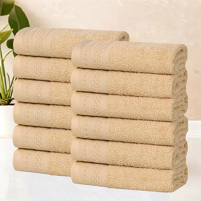 Superior Honeycomb Cotton Medium Weight Towels, for Guest Bath, Master Bathroom, Shower, Quick Dry, Adults, Home Essentials, Textured Waffle Border, Assorted Towel Set, 12 Piece Face Towel Set, Gold