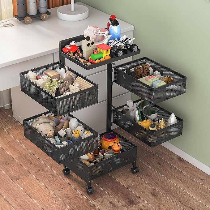 Rolling Rotating Storage Cart No Assembly Required，Bathroom Shelf Fruit and Vegetable Basket for Kitchen,Storage Drawer Organizer Cart ，Metal Utility cart on Wheels(Black, 5 Tier-Square)