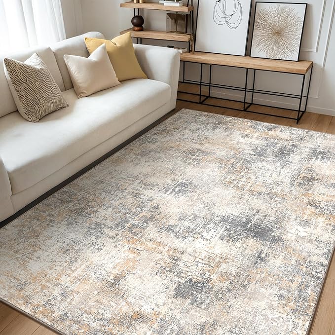 GENIMO Washable Area Rugs for Living Room Bedroom, 8X10 Modern Abstract Non Slip Rug, Low Pile Soft Contemporary Indoor Floor Carpet Cover for Dinning Room Kitchen, Beige Gold