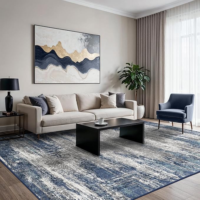 GENIMO Area Rugs 9x12 Living Room, Large Machine Washable Rug Non-Slip, Abstract Modern Soft Low Pile Rugs for Bedroom, Playroom, Dining Room, Blue/Ivory