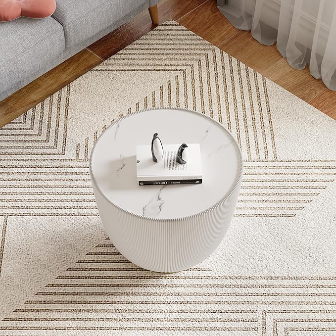 19.7" Round End Table Luxury Cup Shape Leather Sofa Beside Tables, Circle Sofa Couch Table PU Leather, Modern White Marble Top Drum Bowl Living Room Tables for Living Room Bedroom Apartment